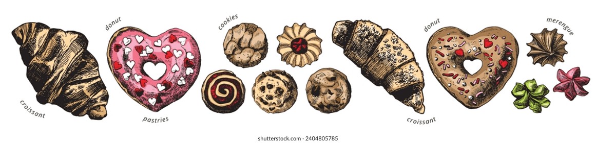 Cookies isolated. Vector realistic set of different chocolate and biscuit chip cookies, donuts, croissants, merengue. Top view engraving style cute delicious pastries on white background. 