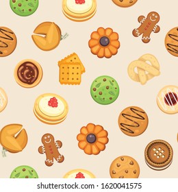 Cookies with jam, gingerbread, chocolate chip cookie, homemade biscuit seamless vector pattern illustration. Cookie background for wrapping, cooking classes and party banner.