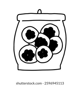 Cookies in jar, hand drawn outline vector illustration isolated on white background. Cute drawing of sweet food in doodle style.