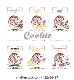 Cookies label lettering hand drawn sketch collection with chocolate, cereal, nut, vanilla, ginger, cinnamon. Vector vintage illustration and letter elements.