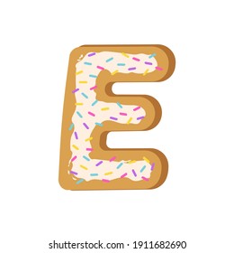 Cookies letter E. Alphabet made from cookies with confetti. Vector illustration of letters. Cute font design, object isolated.