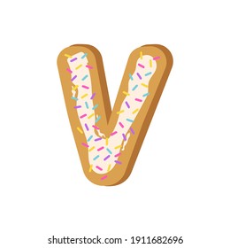 Cookies letter V. Alphabet made from cookies with confetti. Vector illustration of letters. Cute font design, object isolated.