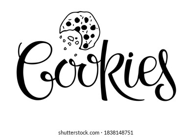 Cookies lettering isolated on white background. Text with hand drawn sketch element. Typography poster for cafe, menu, wall art. Hand written quote with brush calligraphy. Sweet dessert