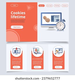 Plantilla del sitio web de la página de aterrizaje plana de duración de las cookies. Landing page, nicho marketing, pay-per-sale. Banner web con encabezado, contenido y pie de página. Ilustración vectorial.