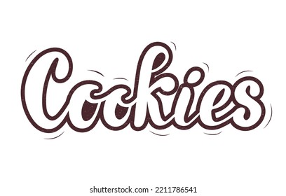 Cookies logo, brown handwritten letters, digital vector illustration of brown cookies on the white background. Texture. The illustration is for the cookie packaging banner cards poster. Desserts.