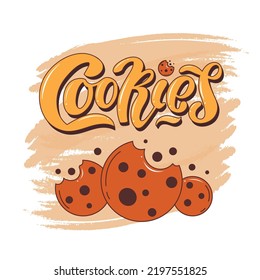 Cookies logo with a chocolate drop, cookies with the chocolate chip, hand lettering,  vector illustration. Logo. Bitten cookie. Cartoon Style for card, packaging, Banner, Flyer, Sticker, dessert