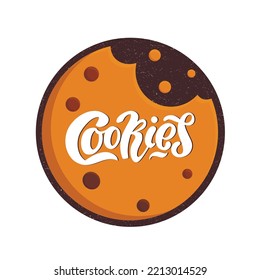 Cookies Logo, Hand Lettering, White Letters With The Chocolate Chip Inside The Textured Cookie, Vector Illustration. Bitten Cookie. Cartoon Style For  Card, Packaging, Banner, Flyer, Sticker.