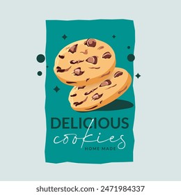 cookies logo for home based business, chocolate chip cookies logo on green background in cartoon style, modern cookies bakery illustration, kitchen cuisine bakery