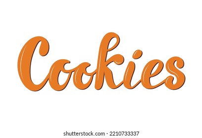 Cookies logo, light brown hand-written letters digital vector illustration of cookies on the white background. Glossy. The illustration is for the cookie packaging banner cards poster. Dessert.