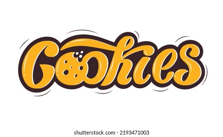 Cookies logo, yellow-brown volume handwritten letters digital vector illustration of cookies on the white background. The illustration is for the cookie packaging banner cards poster. Dessert.