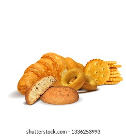 Cookies low poly. Bagels on white background. Delicious pastry. Elements for label design. Vector illustration. Croissant in triangulation technique. 