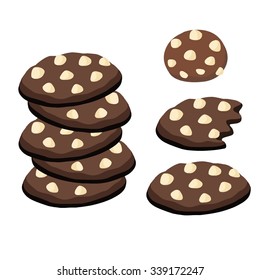 Cookies made with dark chocolate and white chocolate chips. Includes stack, full cookie, bitten cookie, and dough ball.