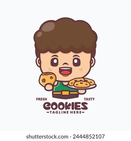 cookies and man cartoon mascot, vector illustration in outline style, suitable for culinary identity, cartoon icon, sticker, etc.