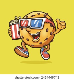 Cookies Mascot wearing Movie Glasess and Bring pop Corn Vector Design