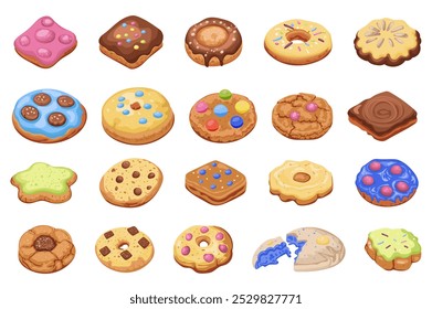 Galletas mega Elementos en Diseño gráfico plano. Objetos de colección de diferentes bollería casera y delicioso pan de jengibre, decorados con glaseados de colores y chips de cacao. Ilustración vectorial.