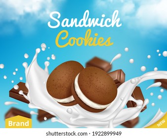 Cookies with milk. Ads poster with sugar cookies flowing in milk splashes decent vector placard