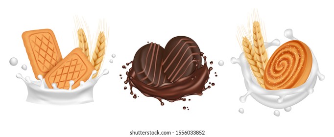Cookies. Milk chocolate splashes with biscuits. Vector realistic cooked sweets isolated on white background
