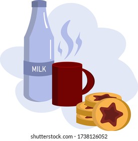 Cookies and milk. A cup and a bottle of milk. Illustration is concept style. 