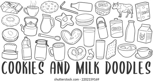 Cookies and Milk Doodle Banner Icon. Breakfast Vector Illustration Hand Drawn Art. Line Symbols Sketch Background.