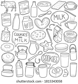 Cookies And Milk Doodle Icon Set. Traditional Vector Illustration Collection. Food And Drink Hand Drawn Line Art Style.