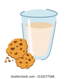 Cookies with milk. Glass of milk and two oatmeal cookies with chocolate chips. Healthy breakfast, snack or dinner. Vector cartoon illustration isolated on the white background. 