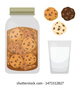 Cookies and Milk Illustration Vector Set in Flat Style Isolated on White Background - Illustration of Jar filled with Cookies, a Glass of Milk, and Various Flavour.