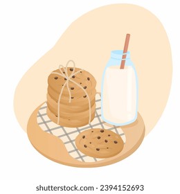 Cookies and milk on the plate,food for  breakfast 