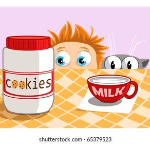 Cookies and milk on the table and child with cat watching at it