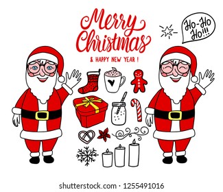 Cookies and Milk for Santa Claus. Merry Christmas lettering. Vector Set of line hand drawing holiday cute elements isolated on white background. 