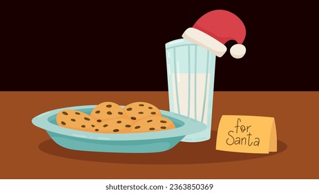 Cookies and milk for Santa Claus. Treats for Santa: glass of milk with Christmas hat, plate with chocolate biscuits and note card on table