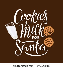 Cookies and Milk for Santa lettering isolated on brown. Text with hand drawn flat Cookie element. Christmas typography poster for wall art design, poster, banner. Hand written brush calligraphy quote