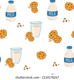 Cookies con un patrón sin soldadura de leche. Vidrio de leche y dos galletas de avena con chips de chocolate. Los niños adoran el fondo para tela, textiles, papel pintado, productos impresos. Ilustración de dibujos animados.