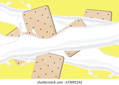 Cookies with milk splash isolated on yellow background.Tea time element