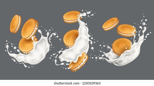 Cookies and milk splashes. Realistic biscuits with cream layer, sandwiches type, sweet pastries, 3d isolated crackers, bakery products composition, sugar snack advertising, utter vector set