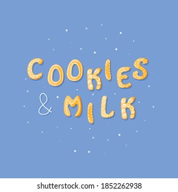 Cookies and Milk vector gingerbread cracker. Sweet isolated text. Cartoon food typography. Vector illustration 