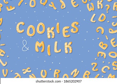 Cookies and Milk vector gingerbread cracker on blue background with isolated letters. Sweet isolated text. Cartoon food typography. Vector illustration 