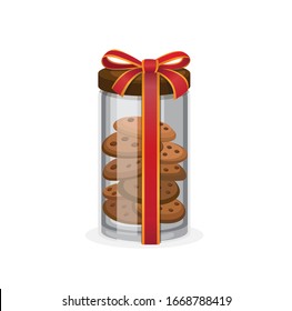 galletas en frasco de vidrio con cinta para regalo o presentes en ilustración de caricatura realista vector aislado en fondo blanco