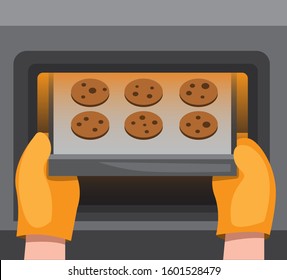 cookies on oven, hand insert or put out pan with chocolate biscuit, cartoon flat illustration vector
