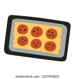 Cookies on sheet pan icon, vector illustration of biscuits with chocolate bar pieces, fresh baked food, baking sheet doodle, isolated colored clipart on white background