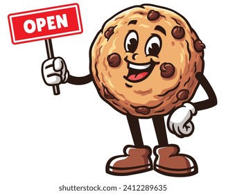 Cookies with open sign board cartoon mascot illustration character vector clip art hand drawn