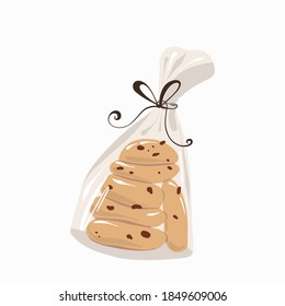 Cookies in a package in a cartoon style hand drawn cute doodle. Homemade dessert with chocolate crumbs. Vector for design, typography cards and posters.
