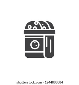 Cookies package vector icon. filled flat sign for mobile concept and web design. Biscuits chips simple solid icon. Symbol, logo illustration. Pixel perfect vector graphics