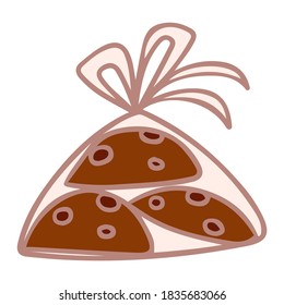 Kekse Verpackung mit Band ist handgezeichnet Vektorgrafik. Biskuit mit Schokoladenchip in einer schönen Feiertage Plastikverpackung. Doodle-Element auf weißem Hintergrund.