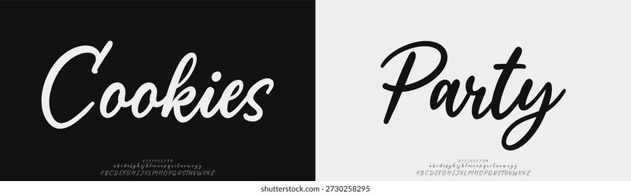 Cookies Party, Elegant Script alfabeto tipográfico mayúscula minúscula y número. Diseños de moda minimalistas con letras clásicas. Tipografía moderna serif Fuentes concepto vintage decorativo regular. Vector ilustra