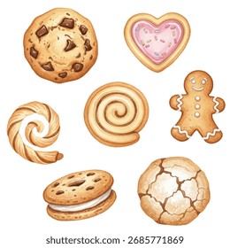 Cookies and pastries vector set. Chocolate chip cookie, frosted heart-shaped cookie, gingerbread man, cinnamon roll swirl, twisted pastry, cream-filled sandwich cookie, and cracked sugar cookie.