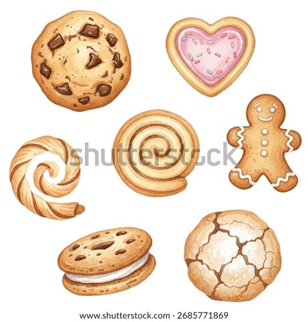 Cookies and pastries vector set. Chocolate chip cookie, frosted heart-shaped cookie, gingerbread man, cinnamon roll swirl, twisted pastry, cream-filled sandwich cookie, and cracked sugar cookie.