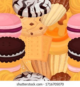Cookies pastry pattern flat vector illustration. Sweetness biscuit doughnut, delicious sweet treat, design for candy wrappers. Advertisement chocolate food, confectionery and sugary dish.