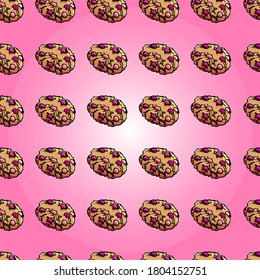Cookies pattern on a pink background, cartoon style, glow, cookies, sweets, vector sweets, seamless pattern, new year, celebration, baking, pink color, beauty, gift paper, textiles, backdrop, print