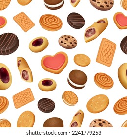 Cookies pattern. Realistic delicious bakery products cream cookies decent vector seamless background