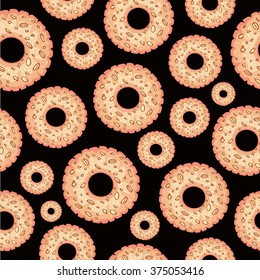 Cookies pattern,isolated on black background. Vector seamless texture. Cloth design, wallpaper, wrapping. Greeting cards and invitations of wedding, menu, cafe, birthday, mother's day, other design.